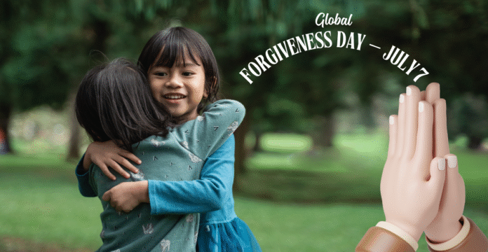 Two young children hugging each other outdoors in a park, with a background of trees and greenery. On the right side, there are illustrated praying hands, and curved text reads 